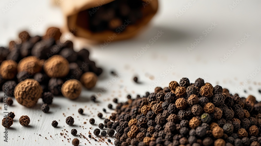 Black pepper in bow on table. Pile of ground black pepper. Black pepper in bow on table. Pile of ground black pepper.