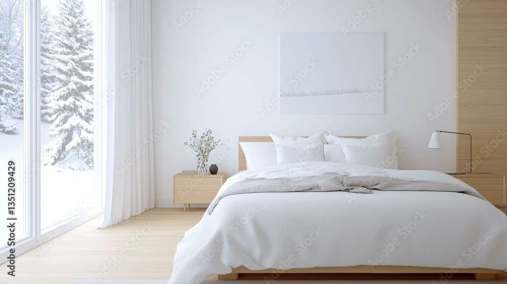 Fototapeta premium Minimalist bedroom interior with white bedding, wooden accents, and large windows overlooking snowy landscape.