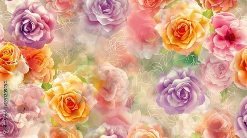 Floral Watercolor Pattern with White Outline