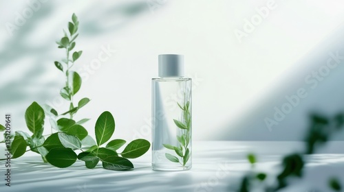 Wallpaper Mural A clear serum bottle with soft lighting, complemented by fresh leaves, isolated on a bright white background to highlight purity Torontodigital.ca