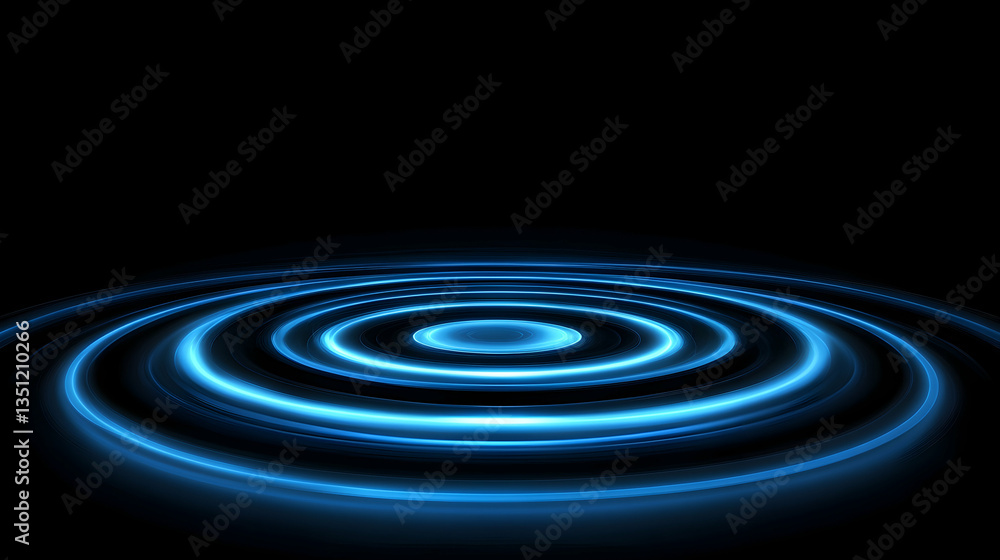Fototapeta premium Abstract blue light circles ripple effect on dark background; ideal for technology or music visuals