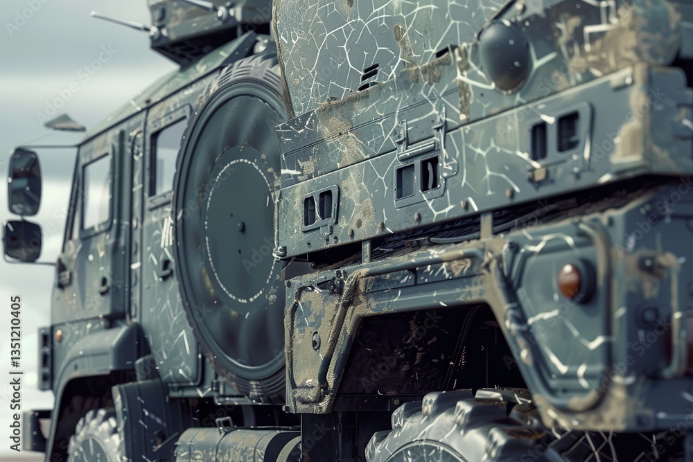 Close-up of a camouflaged military vehicle under a cloudy sky. Close-up of a camouflaged military vehicle under a cloudy sky.