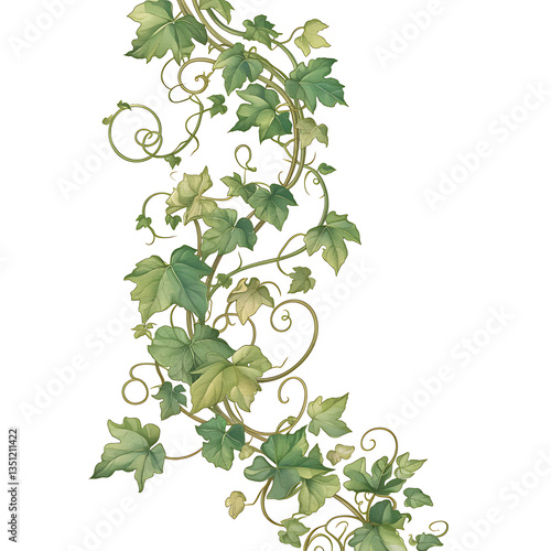 .Illustration of trees, leaves, grass and various botanical elements on a white background.