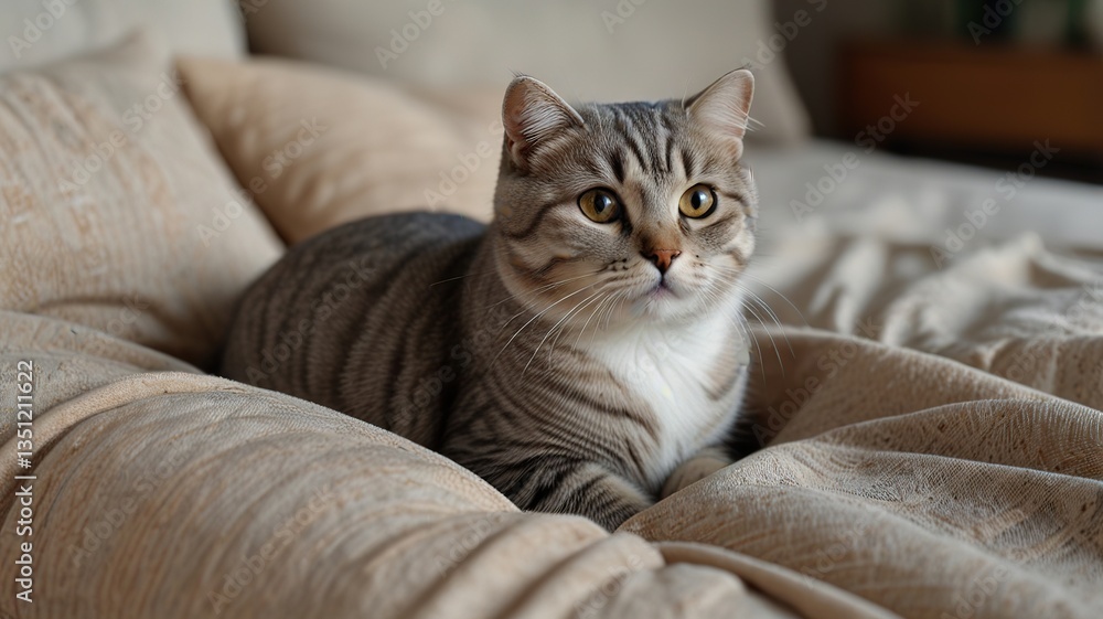 Cute scottish fold cat with beautiful eyes lying on textile sofa at home. Cute scottish fold cat with beautiful eyes lying on textile sofa at home.