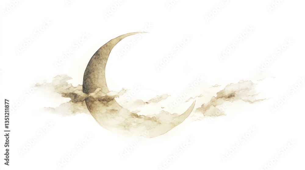 Fototapeta premium A crescent moon silhouette, accompanied by drifting clouds, evoking a calm nighttime atmosphere, on a white background.