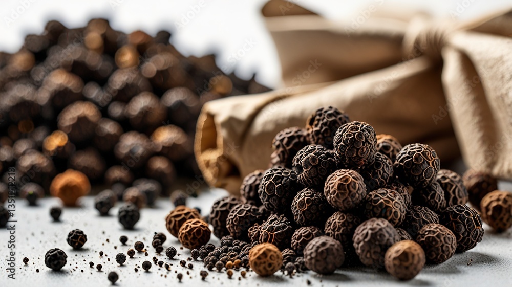 Obraz premium Black pepper in bow on table. Pile of ground black pepper.