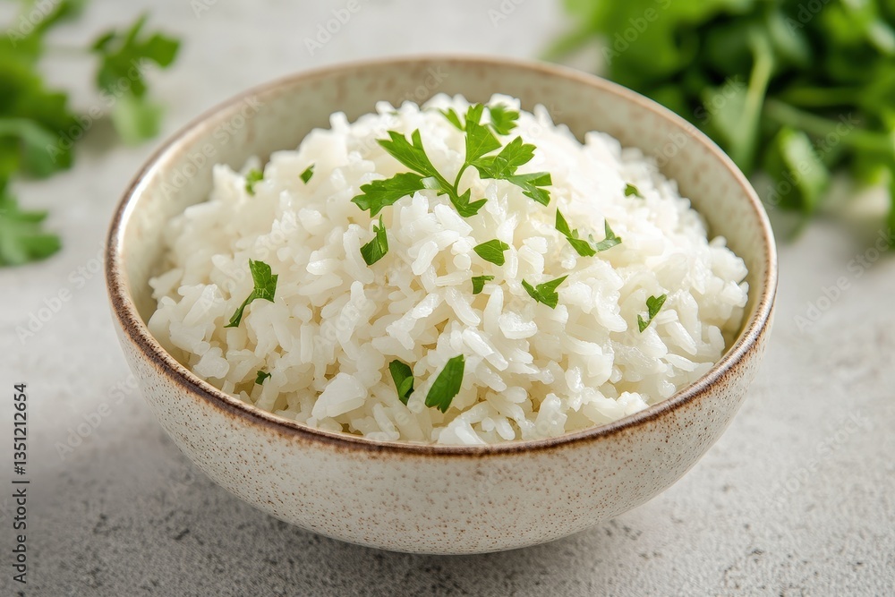 A ceramic bowl containing cooked white rice garnished with parsley A ceramic bowl containing cooked white rice garnished with parsley