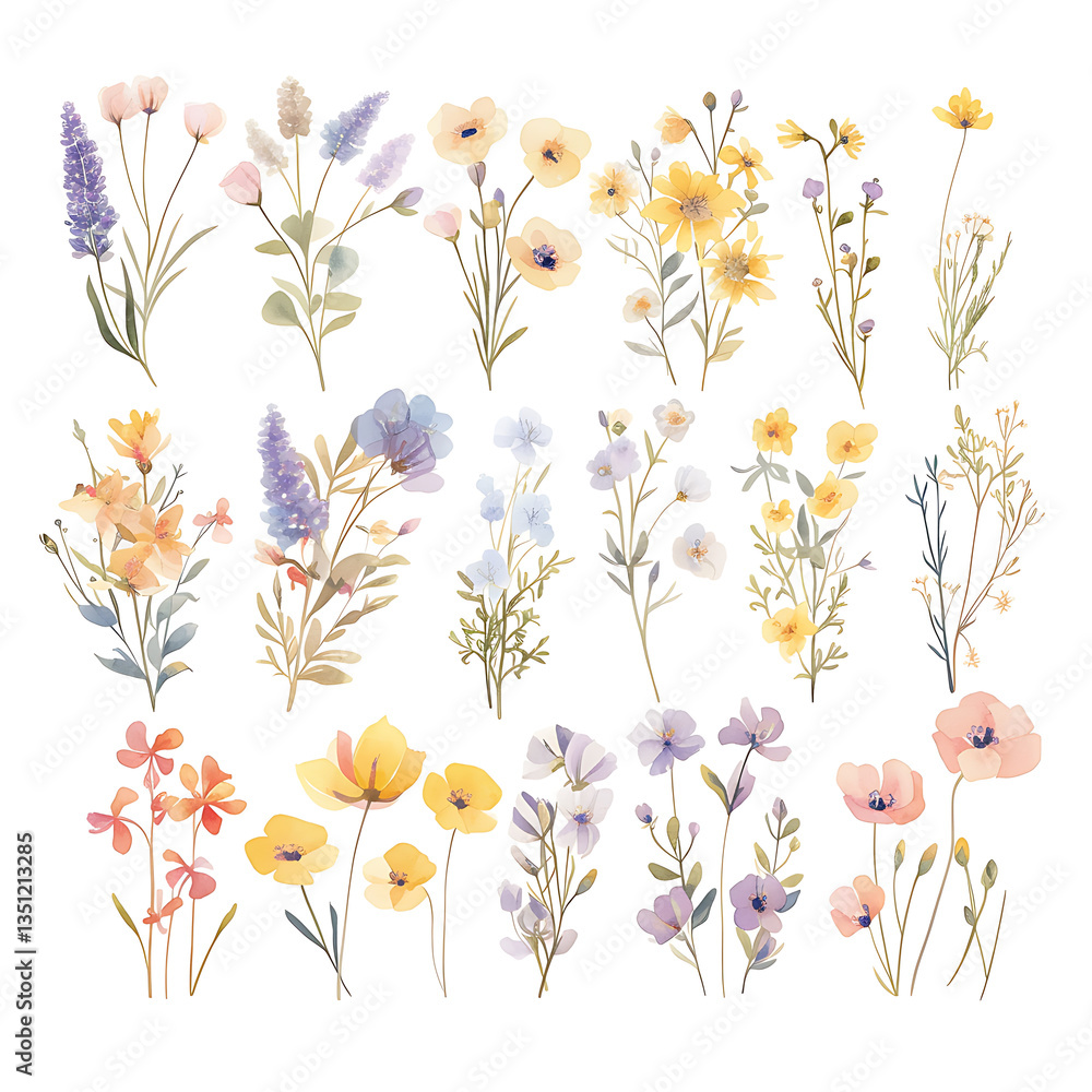 .Illustration of trees, leaves, grass and various botanical elements on a white background. .Illustration of trees, leaves, grass and various botanical elements on a white background.