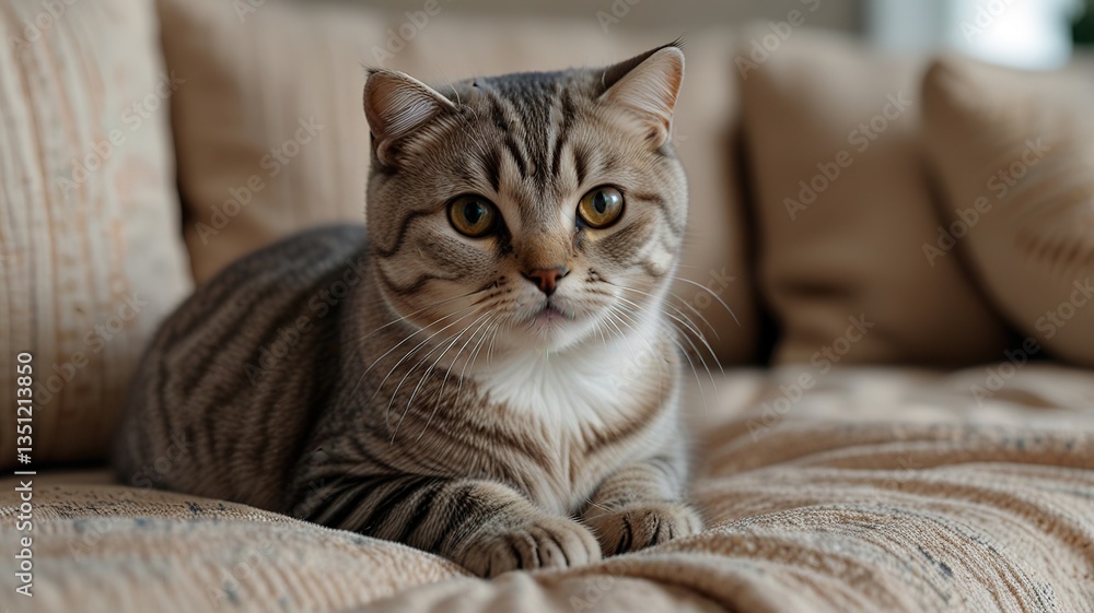 Cute scottish fold cat with beautiful eyes lying on textile sofa at home. Cute scottish fold cat with beautiful eyes lying on textile sofa at home.