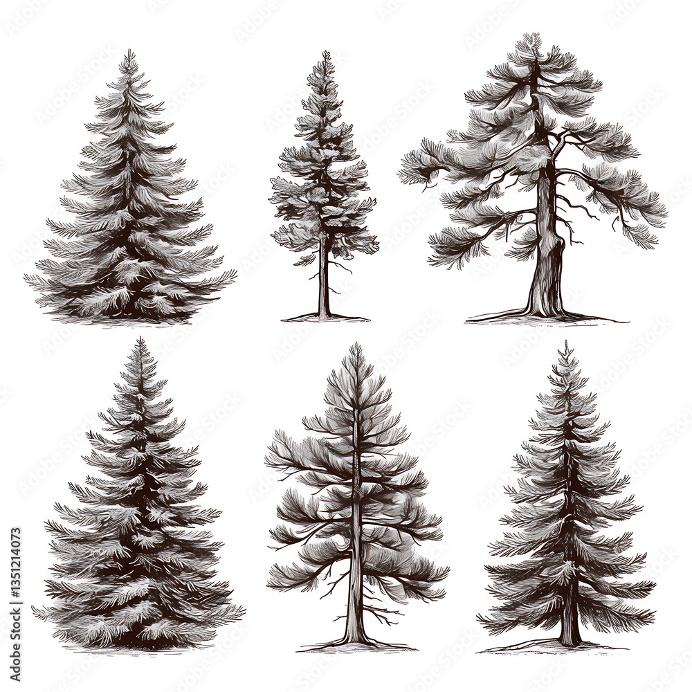 Obraz premium .Illustration of trees, leaves, grass and various botanical elements on a white background.
