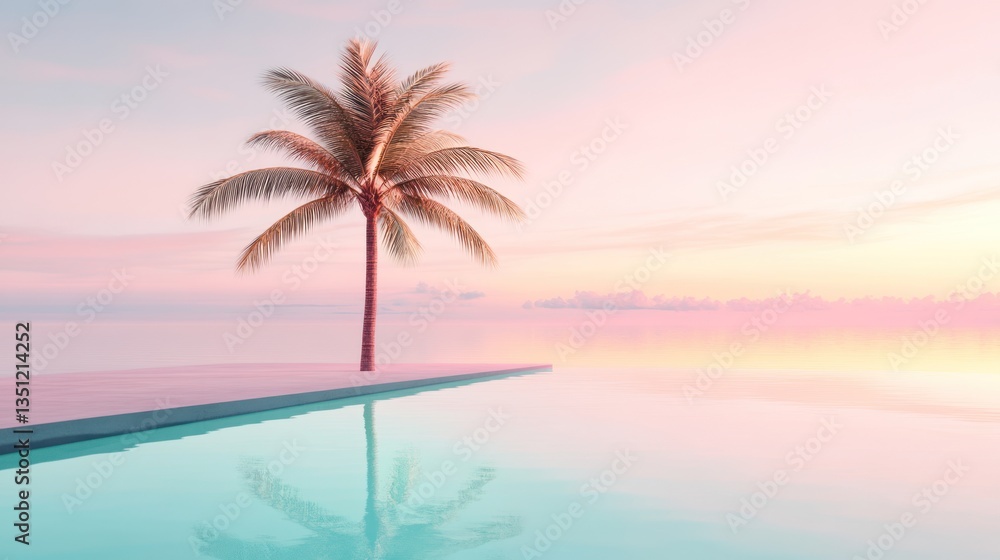 Fototapeta premium A dreamy summer vacation setting, showcasing a tropical palm tree, a smooth reflecting pool, and a pastel gradient sky.
