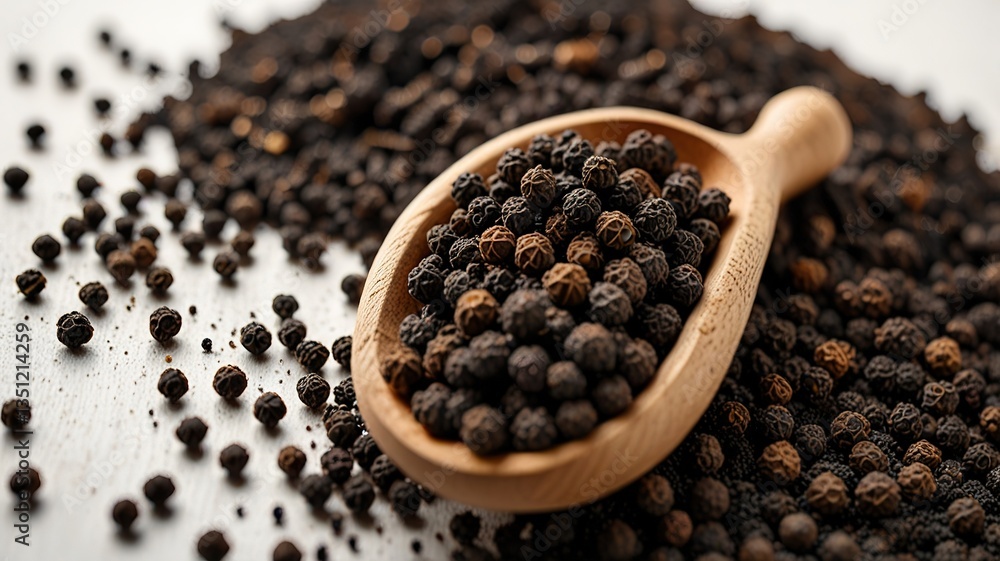 Black pepper in bow on table. Pile of ground black pepper. Black pepper in bow on table. Pile of ground black pepper.