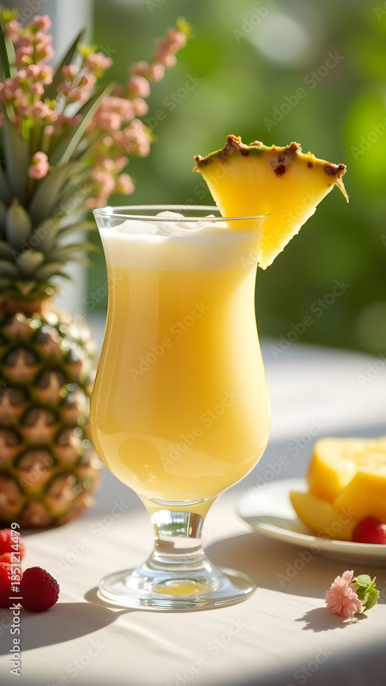 Fototapeta premium Non-alcoholic piña colada, served in a tall glass. A linen tablecloth, wildflowers, and fresh fruit create a tropical and elegant summer beverage setting. The image should be sharp, vibrant, and detai