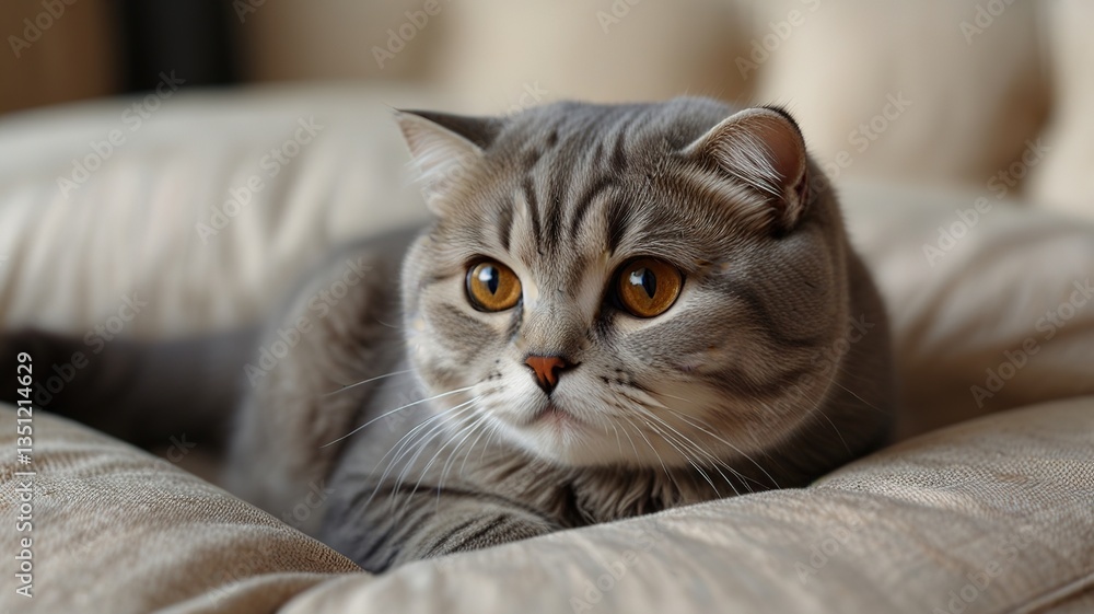 Cute scottish fold cat with beautiful eyes lying on textile sofa at home. Cute scottish fold cat with beautiful eyes lying on textile sofa at home.