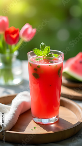 Wallpaper Mural Watermelon juice with mint, served on a wooden tray. A linen napkin, tulips, and fresh fruit create a fresh and vibrant summer beverage setting. The image should be sharp, vibrant, and detailed. Torontodigital.ca