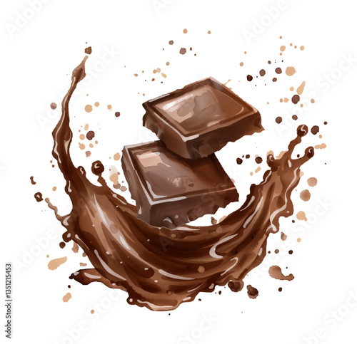 Two Pieces of Chocolate with Chocolate Splash, Dark Background Watercolor Illustration