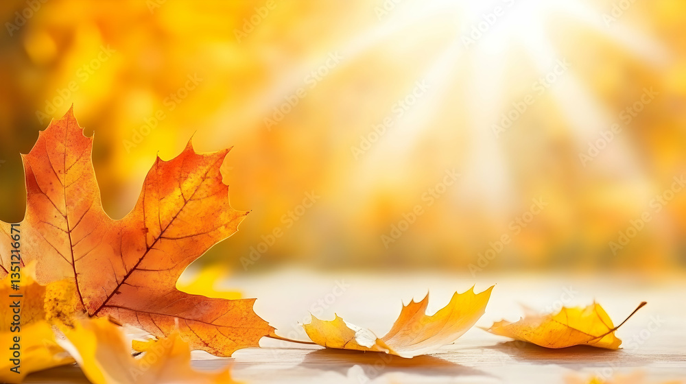 Autumn leaves on a park bench, bright sunlight, blurred fall foliage background; ideal for seasonal greetings Autumn leaves on a park bench, bright sunlight, blurred fall foliage background; ideal for seasonal greetings