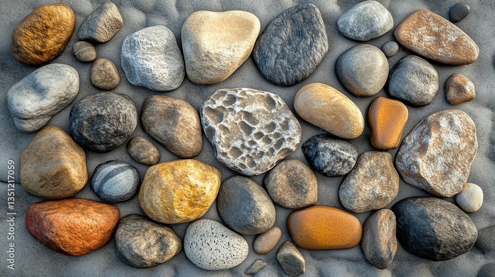 Collection of various smooth, colorful stones arranged on a sandy surface. Collection of various smooth, colorful stones arranged on a sandy surface.