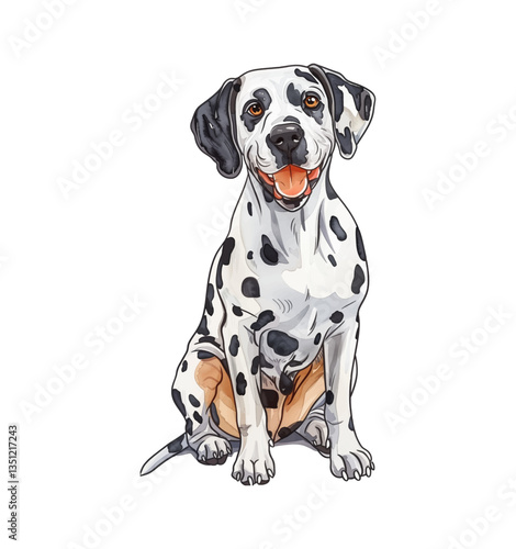 A Happy Dalmatian Sitting with Open Mouth and Tongue Visible on Isolated Black Background
