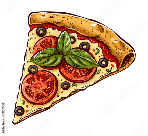 Slice of Pizza Topped with Tomatoes Basil and Olives in Detailed Cartoon Illustration