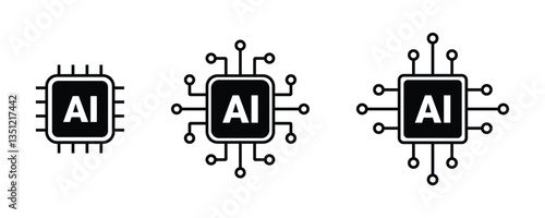 AI processor chip icon, Artificial intelligence Processor circuit vector set. Mini AI CPU icons for technology and computing