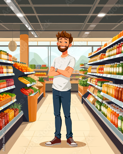 a man is standing in the aisle of a grocery store with his arms crossed