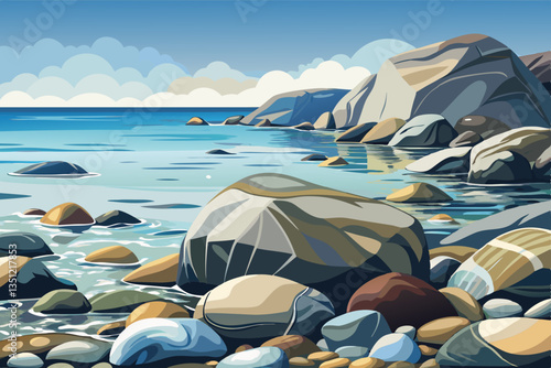 vector illustration of a rocky beach and sea