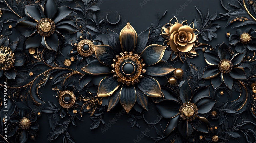 A 3D mural illustration with golden jewelry and flowers set against a black decorative wallpaper. The intricate details and luxurious design elements A 3D mural illustration with golden jewelry and flowers set against a black decorative wallpaper. The intricate details and luxurious design elements