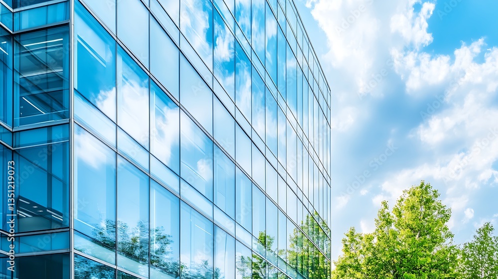 Modern glass office building with windows and a clear blue sky Modern glass office building with windows and a clear blue sky