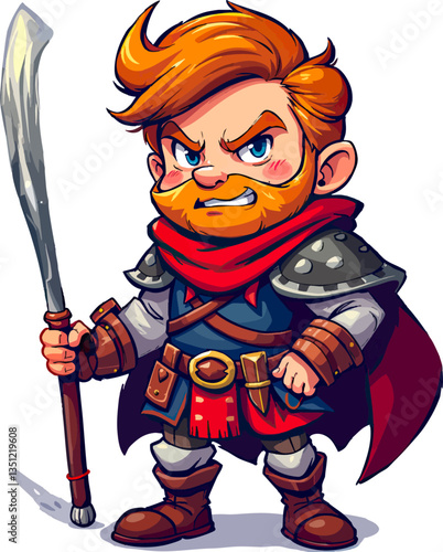 a cartoon character with a beard and a red caper holding a sword and wearing a red caper