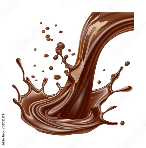 Chocolate pouring and splashing with droplets, creating dynamic and delicious effect on a black background