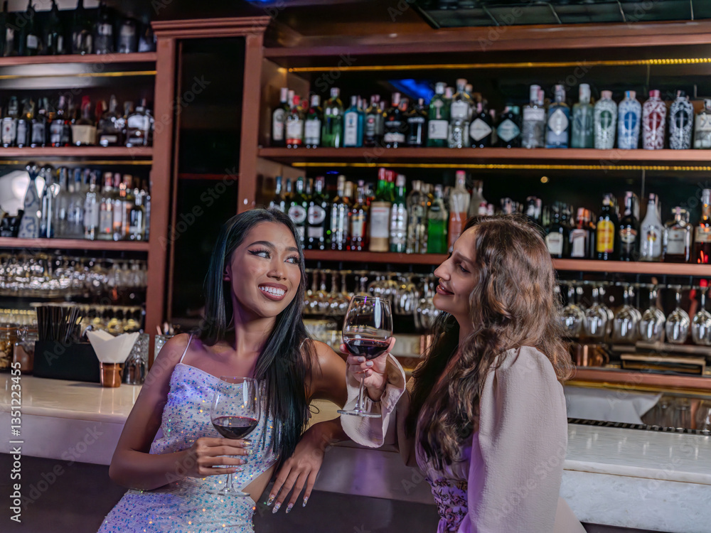 Beautiful young woman couple lgbtq with glasses of red wine in luxury night club .