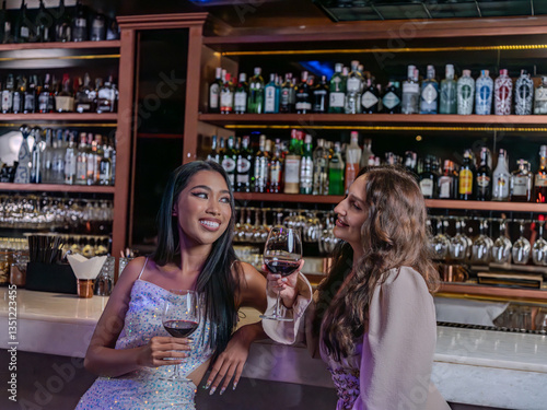 Obraz na płótnie Beautiful young woman couple lgbtq with glasses of red wine in luxury night club . w salonie
