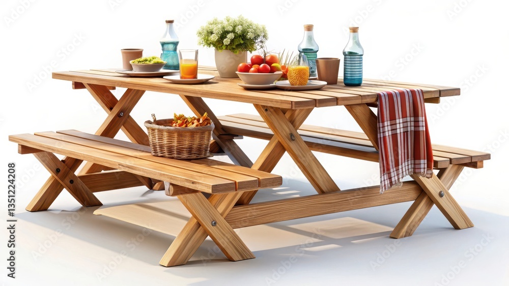 Obraz premium Summer Beach Party A rustic picnic table set with drinks, snacks, and fruit, ideal for outdoor gatherings.