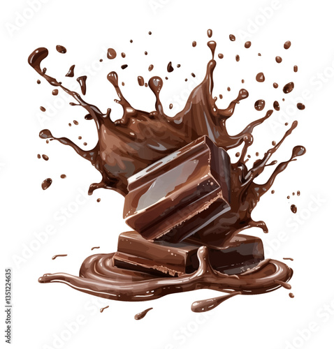 Chocolate Stack Splashing Isolated on Black Background, Dark Brown Liquid Chocolate Splashing Around