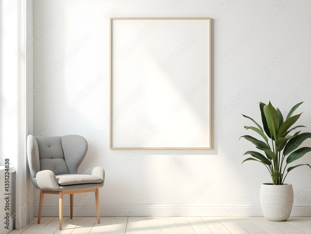 Mock up poster mock up poster on a wall with chair and potted plant 3d rendering Mock up poster mock up poster on a wall with chair and potted plant 3d rendering