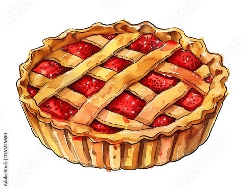Watercolor Illustration of a Strawberry Pie with Lattice Crust on a Black Background