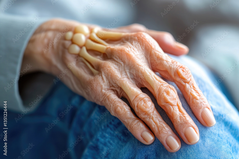Fototapeta premium An elderly hand rests gently on a lap, illustrating the fine lines and textures that come with age. The skeletal structure is partially visible, highlighting the beauty of aging