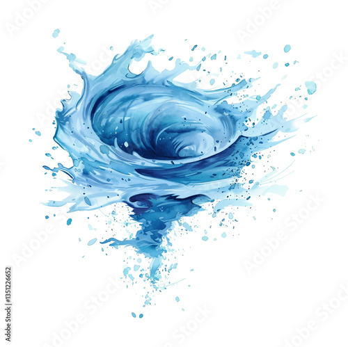 Watercolor Painting of Water Swirling with Splashes and Droplets on Black Background