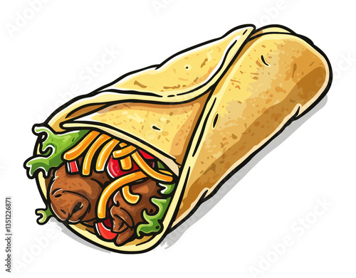 Close up Shawarma With Meat, Vegetables and Fries Wrapped in Pita Bread Isolated on Black
