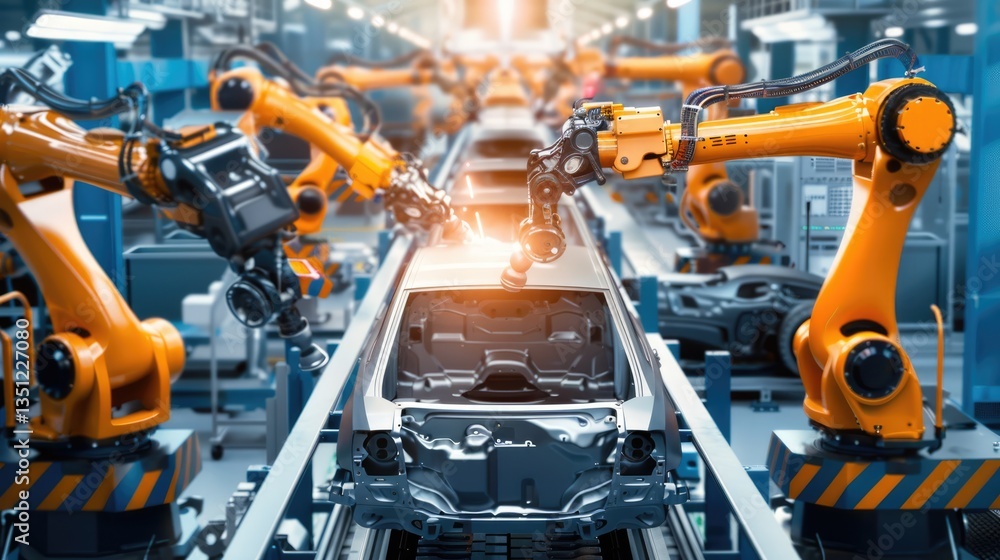 Assembly Line: Robotic Arms Working on a Car Body Assembly Line: Robotic Arms Working on a Car Body