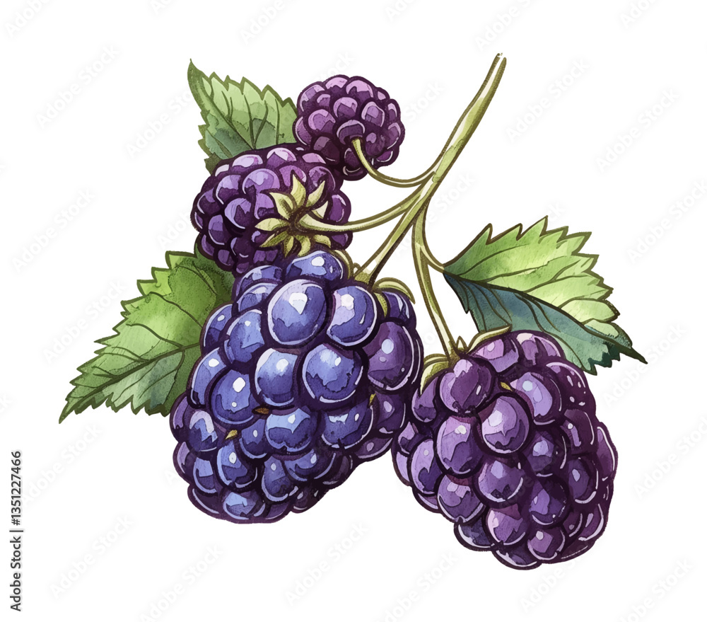 Fototapeta premium Watercolor Illustration of Blackberry Branch with Leaves on Black Background, Close-Up Detail View