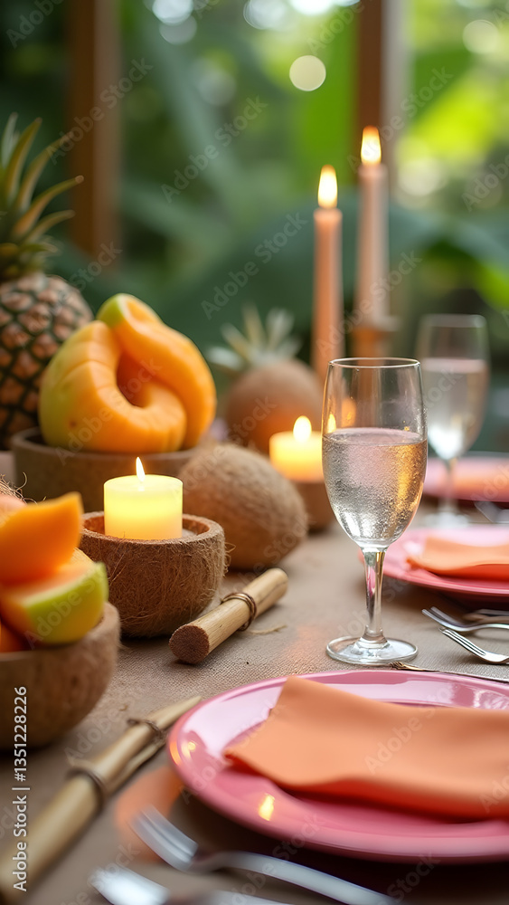 Coconut and vanilla candles with vibrant plates and bamboo cutlery. Tropical fruit centerpiece and sparkling water create a fresh and vibrant summer table setting. The image should be sharp, vibrant, Coconut and vanilla candles with vibrant plates and bamboo cutlery. Tropical fruit centerpiece and sparkling water create a fresh and vibrant summer table setting. The image should be sharp, vibrant,
