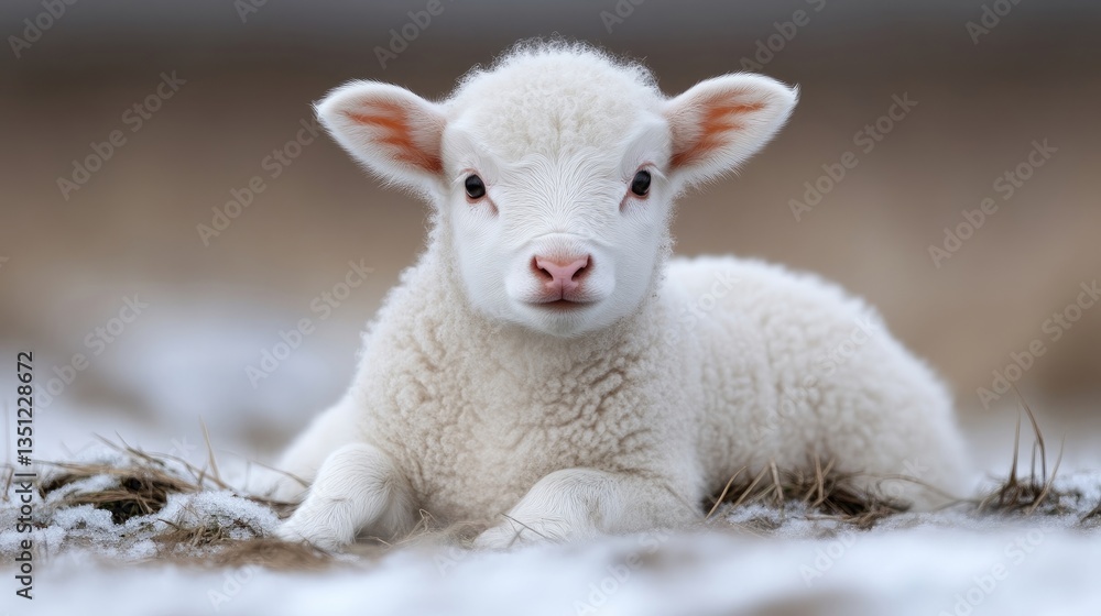 Fototapeta premium Cute lamb resting in the snow