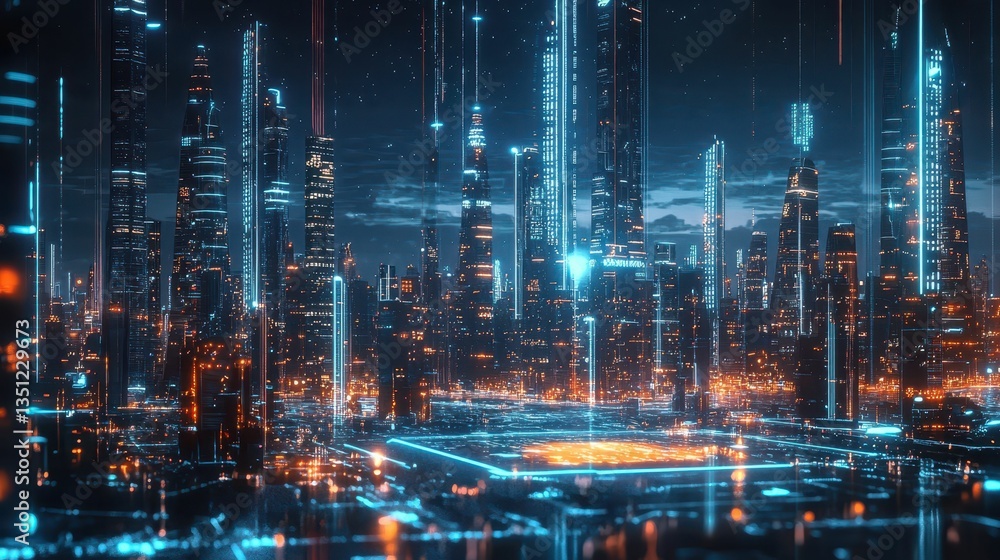 Fototapeta premium Futuristic Holographic Cityscape with Neon Lights and Technology