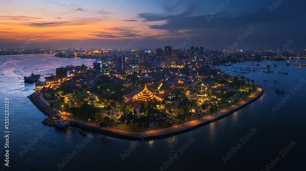 Fototapeta premium Panoramic Aerial View of Phnom Penh's Skyline at Dusk