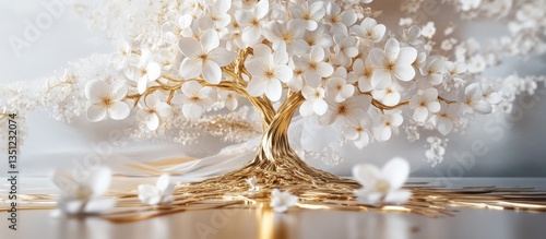 A 3D wallpaper mural featuring a golden tree of life adorned with white flowers. The luxurious design combines nature and elegance, creating a sophisticated and serene ambiance.  