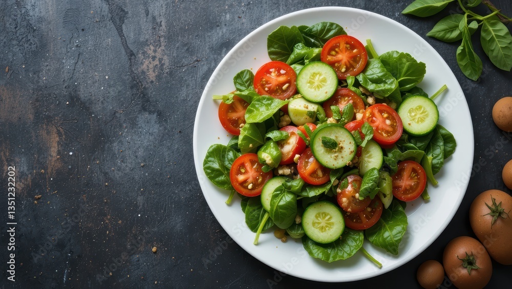 Colorful Fresh Salad with Spinach, Cherry Tomatoes, and Cucumber on White Plate Against Dark Background Colorful Fresh Salad with Spinach, Cherry Tomatoes, and Cucumber on White Plate Against Dark Background