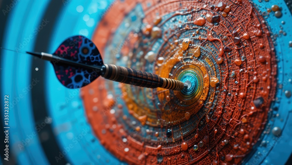 Dart Hitting the Center of a Colorful Concentric Target with Water Droplets Dart Hitting the Center of a Colorful Concentric Target with Water Droplets