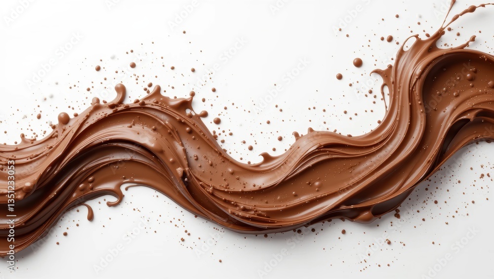 Delicious, Smooth Chocolate Splash in a Fluid, Swirling Motion on a White Background Delicious, Smooth Chocolate Splash in a Fluid, Swirling Motion on a White Background